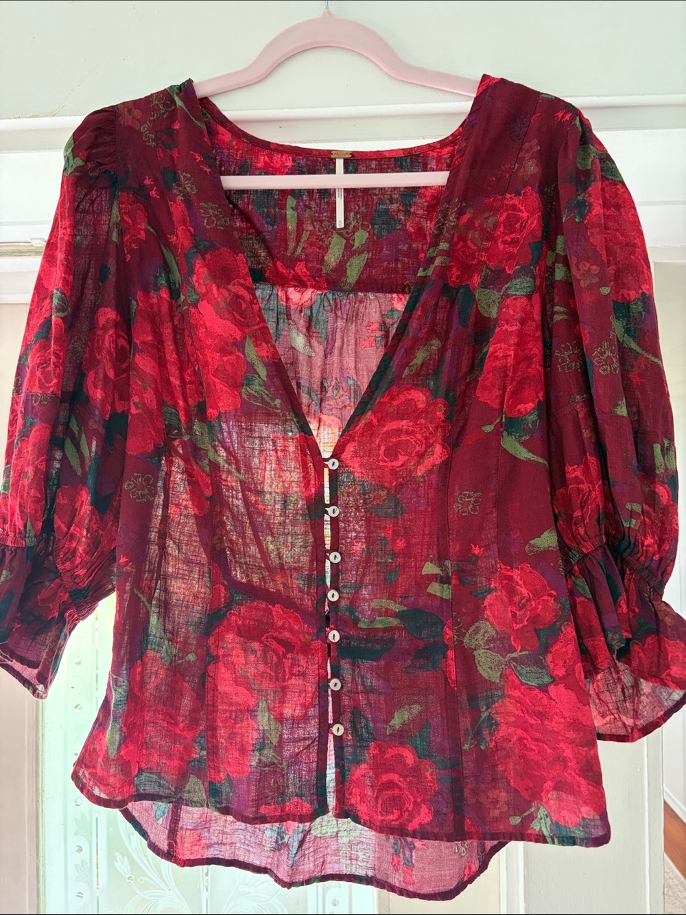 Free People I found You Burgundy Red Rose Print Button-Front Blouse